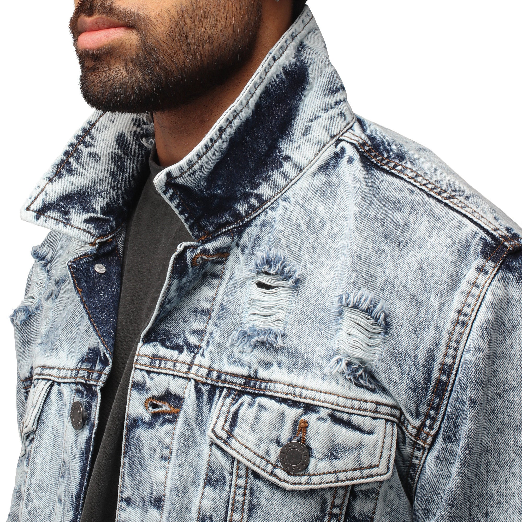 Young man in denim suit. Handsome man in denim jacket and jeans on a white  background. Photo for advertising men's jeans and jackets. Concept for  Stock Photo - Alamy